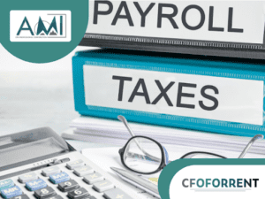 A.M.I. CPA Professional Corporation branded image with a calculator in the bottom left corner, glasses in the middle, and a stack of binders labeled Taxes and Payroll, on a desk.