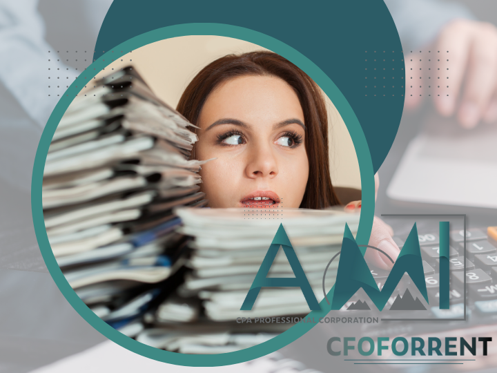 Woman hiding behind a stack of bookkeeping ledgers and a faded image of a person typing on a keyboard in the background with the AMI VAP Professional Corporation CFOFORRENT logo in the bottom right corner.