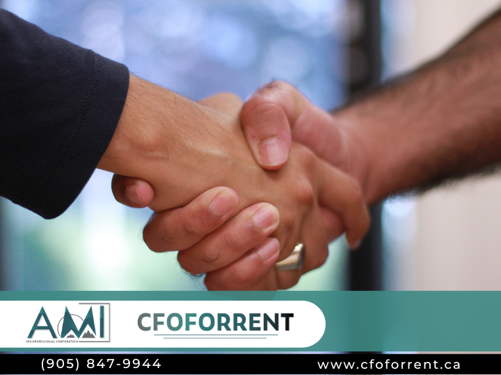 Two people shaking hands and the AMI CPA Professional Corporation CFOFORRENT logo at the bottom.