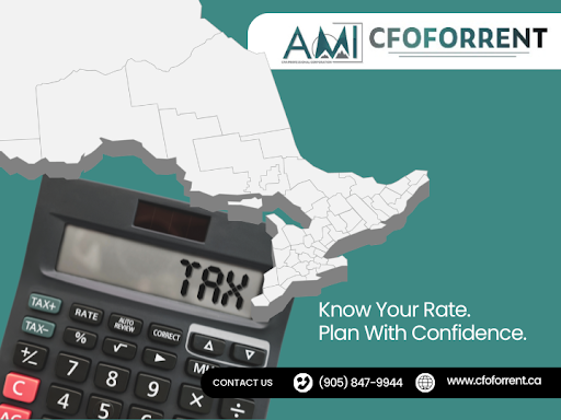 Map of Ontario in the upper left corner and a calculator that reads TAX below on an A.M.I. CPA Professional Corporation template.