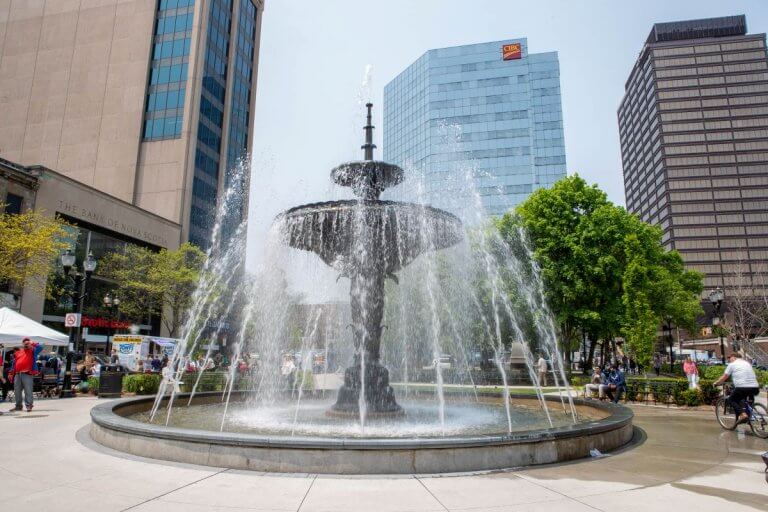 View of the downtown area in Hamilton, Ontario, which includes McMaster University, walkways and beautiful fountains.