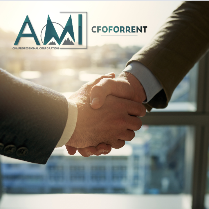 A.M.I. branded image with people shaking hands in an accounting office after meeting about business accounting needs.