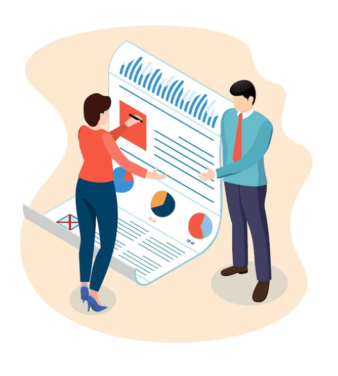 A cartoon man and woman going over graphs and statistics of a business process review.