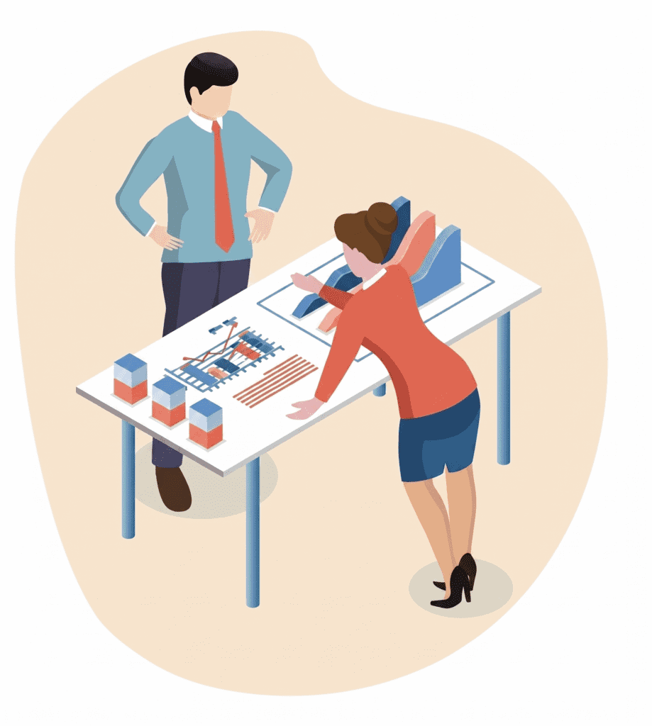 A cartoon man and woman leaning over a board of graphs and projections discussing the steps forward for a business after an operations review.